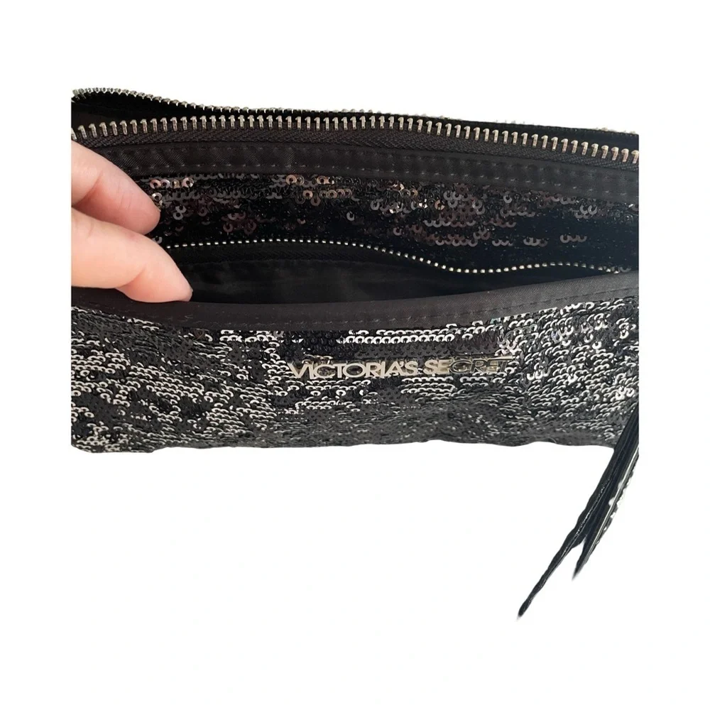 Victoria's Secret Black and Silver Sequin Double Zip Clutch Wristlet